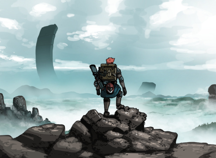 A Lancer pilot gazing over a misty valley at a looming half-circular megastructure in the distance